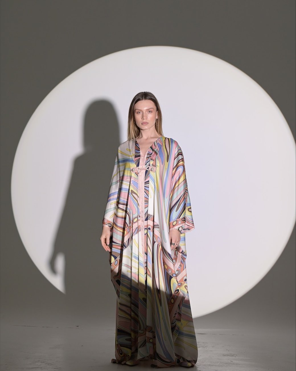 Colorful silky texture abaya with loose stripes and wide sleeves