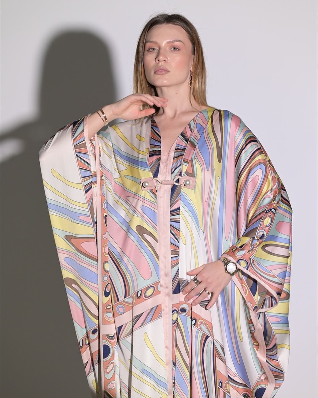 Colorful silky texture abaya with loose stripes and wide sleeves