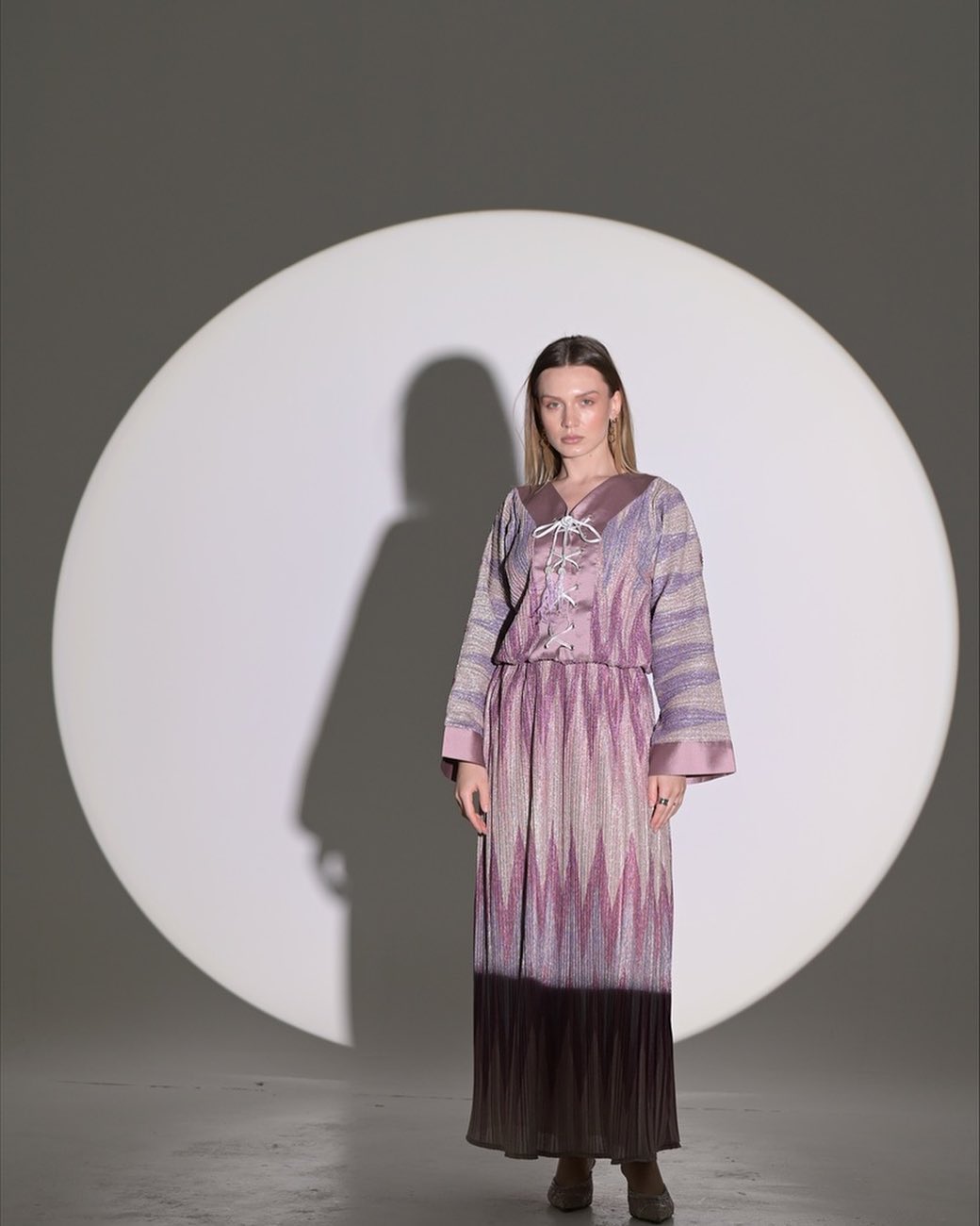 Purple and gray dress with straps at the chest