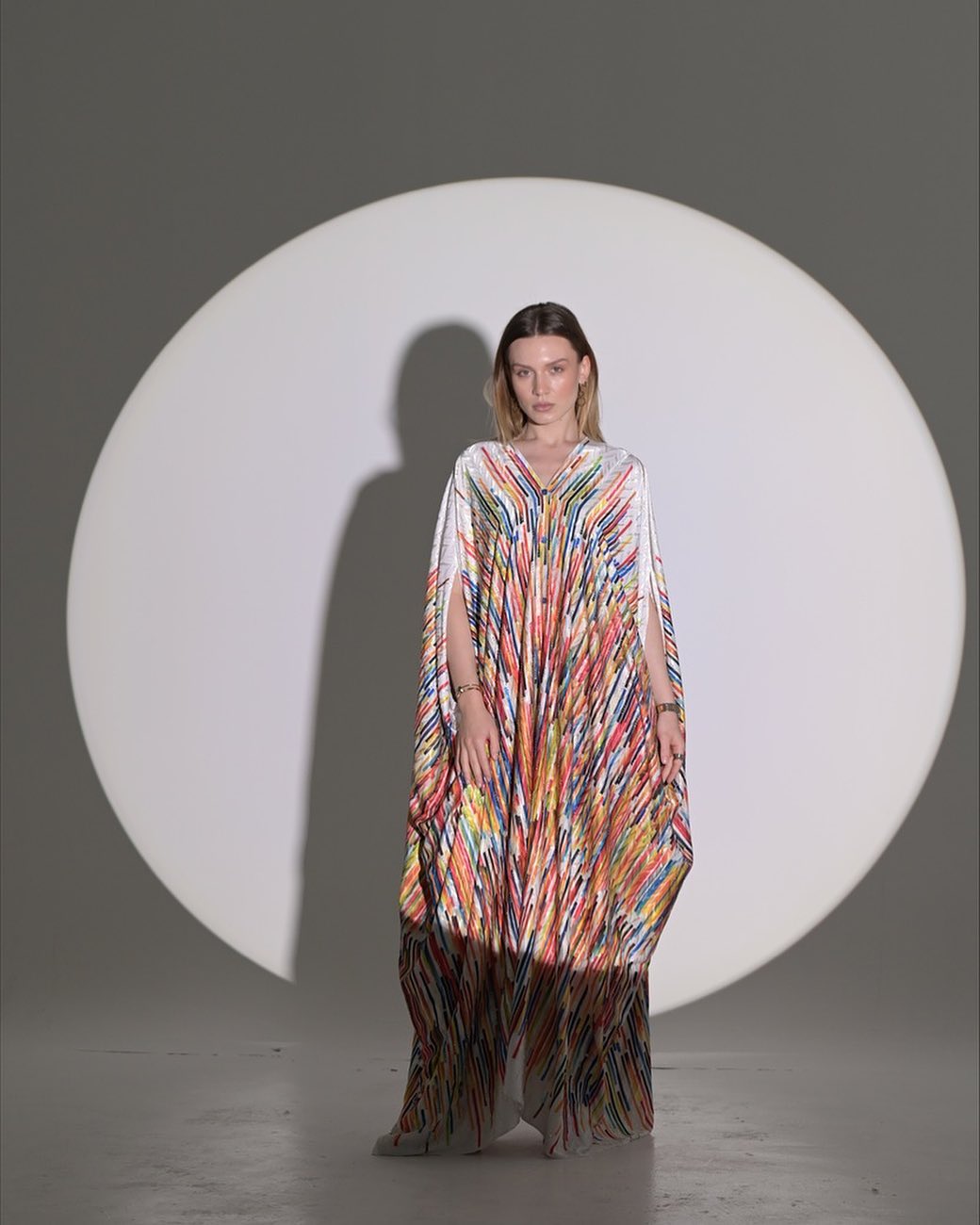 Colorful silky texture abaya with loose stripes and open sleeves