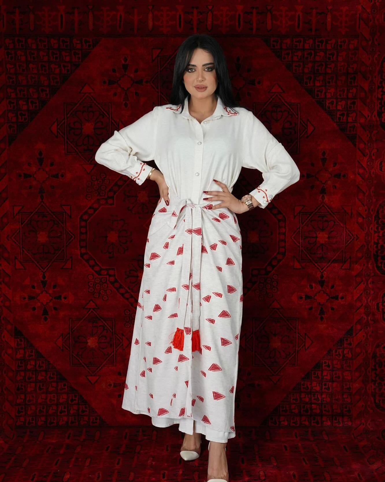 White Dress with a belt in the middle printed with red triangles