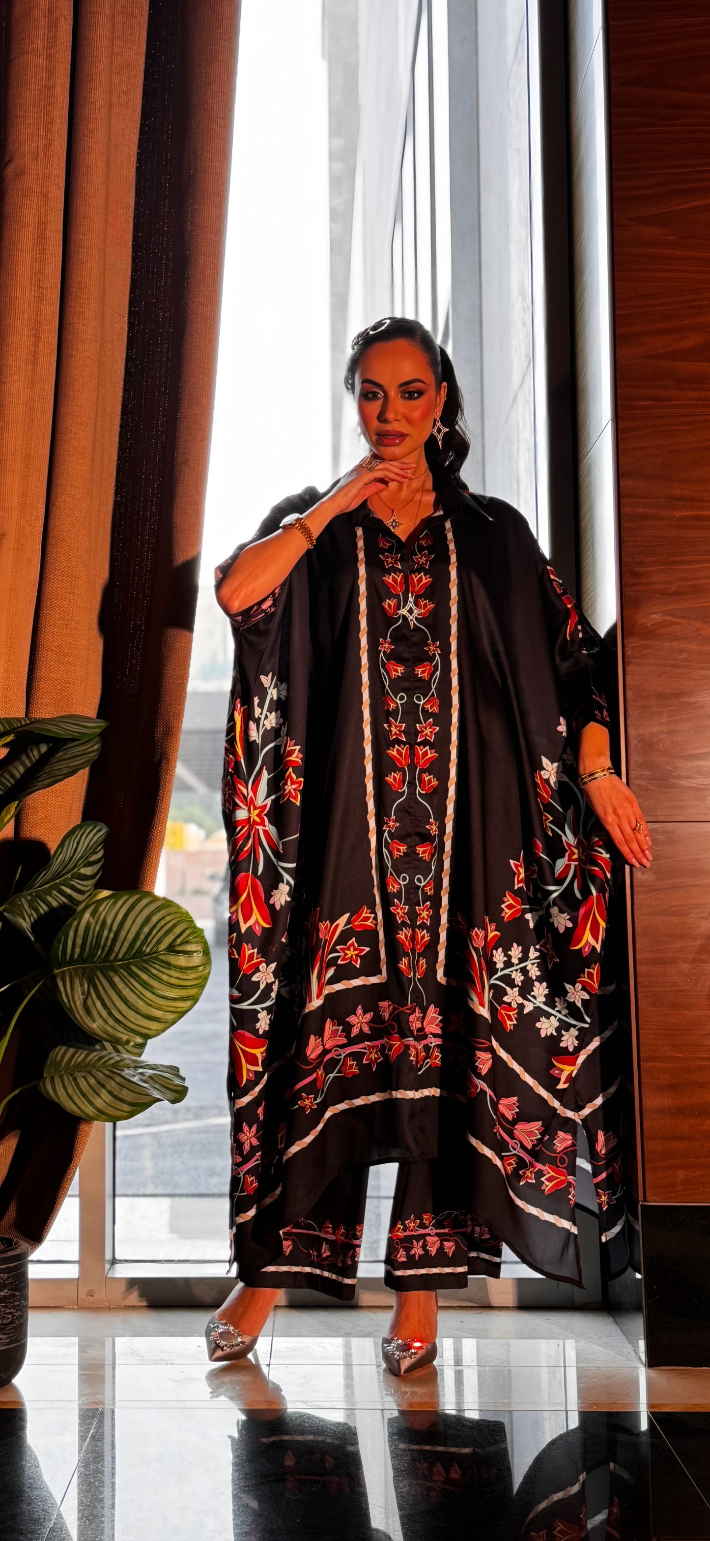 Stunning Maxi Dress and Pants Set with Floral Embroidery