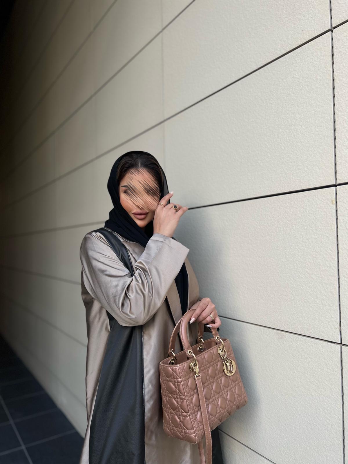 Beige and black shiny abaya
