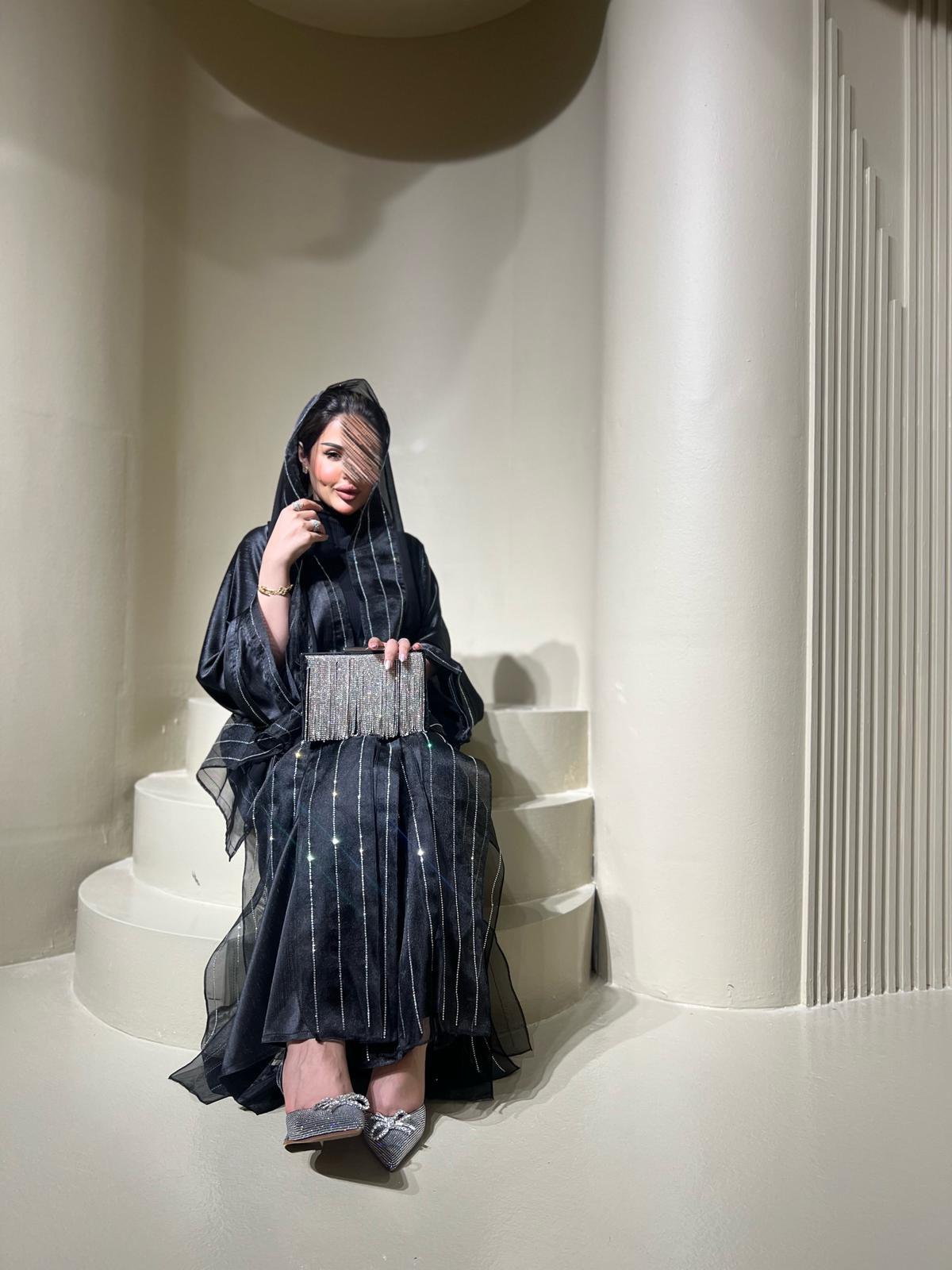 Abaya with sheen and striped chiffon