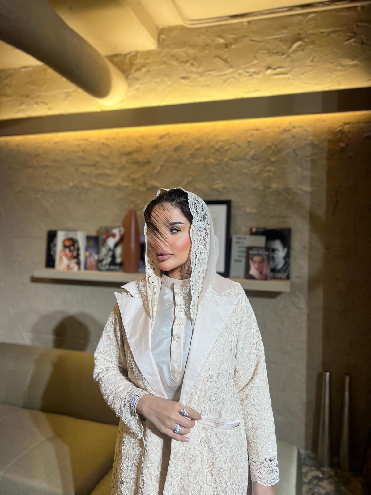 Luxurious cream lace abaya