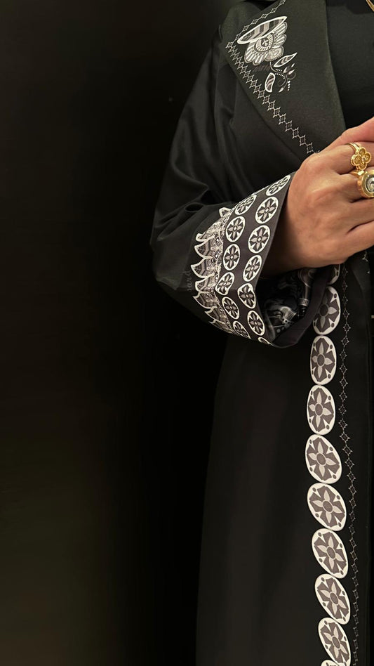 Black abaya with embroidery print on sleeves and collar