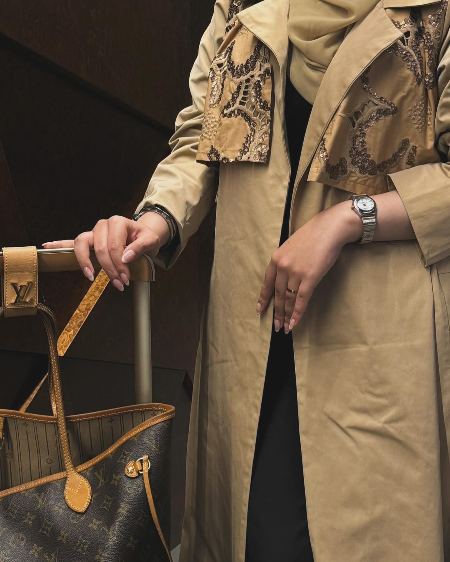 Beige abaya with elegant embroidery on the top
