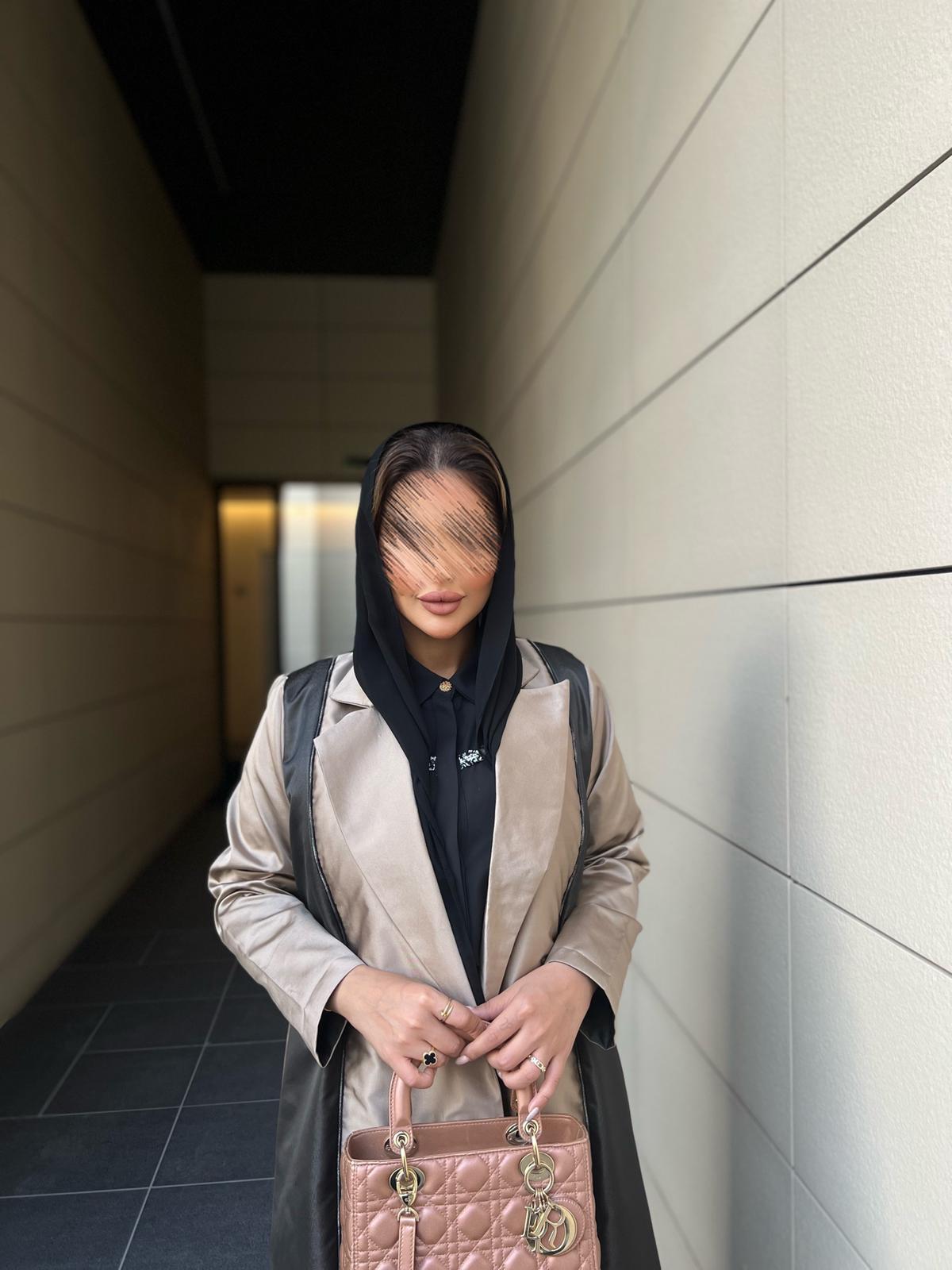 Beige and black shiny abaya