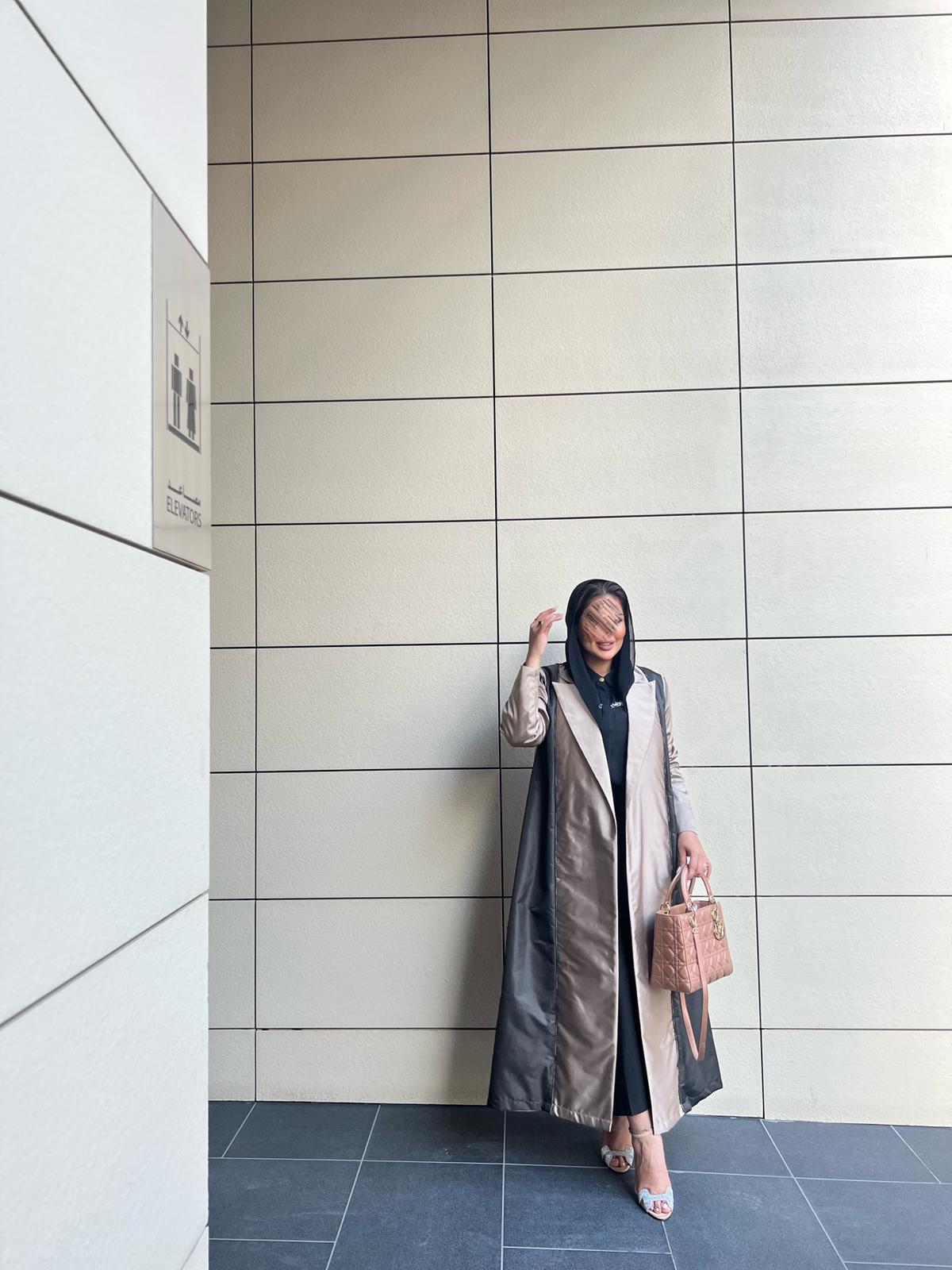 Beige and black shiny abaya