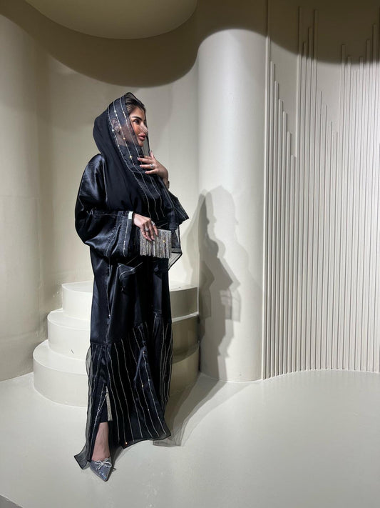 Abaya with sheen and striped chiffon
