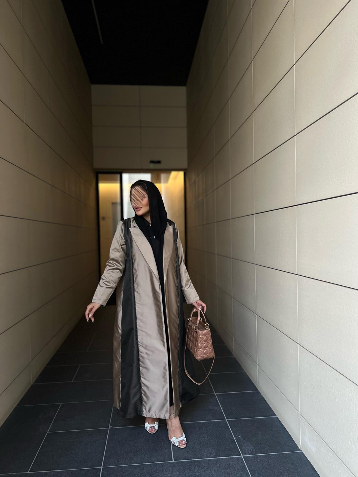 Beige and black shiny abaya