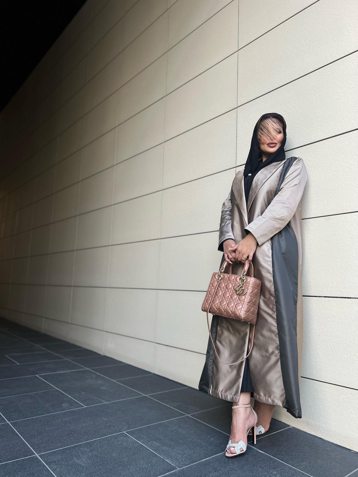 Beige and black shiny abaya