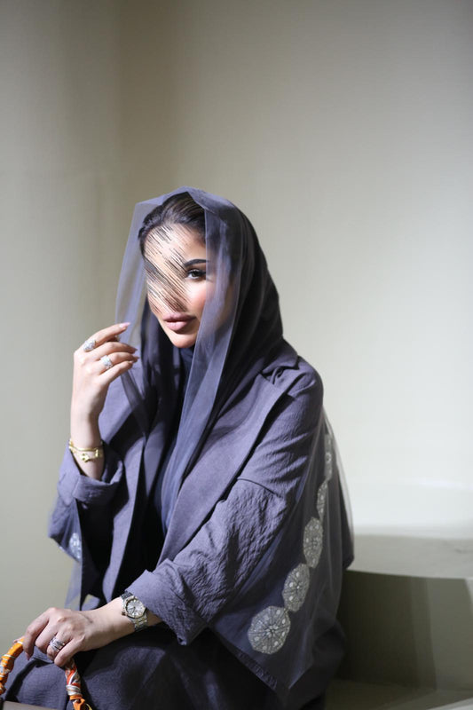 Luxurious, high-quality embroidered gray abaya