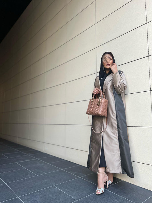 Beige and black shiny abaya