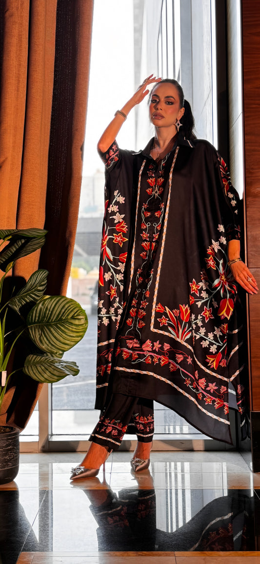 Stunning Maxi Dress and Pants Set with Floral Embroidery