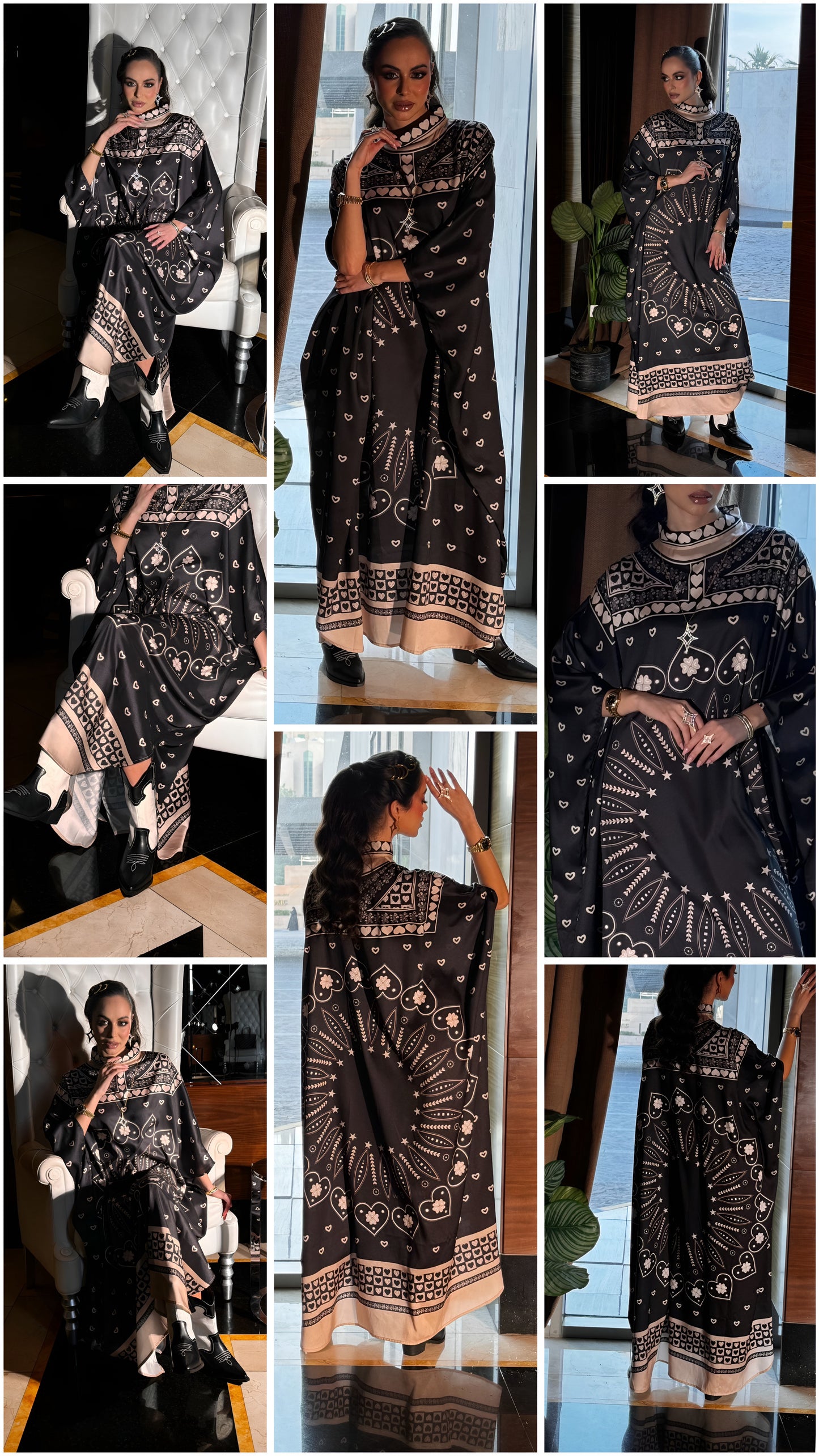 Chic Silk Kaftan with Elegant Star and Heart Patterns