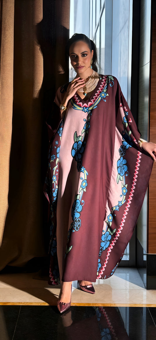 Chic Marina Crepe Kaftan with Floral Accents