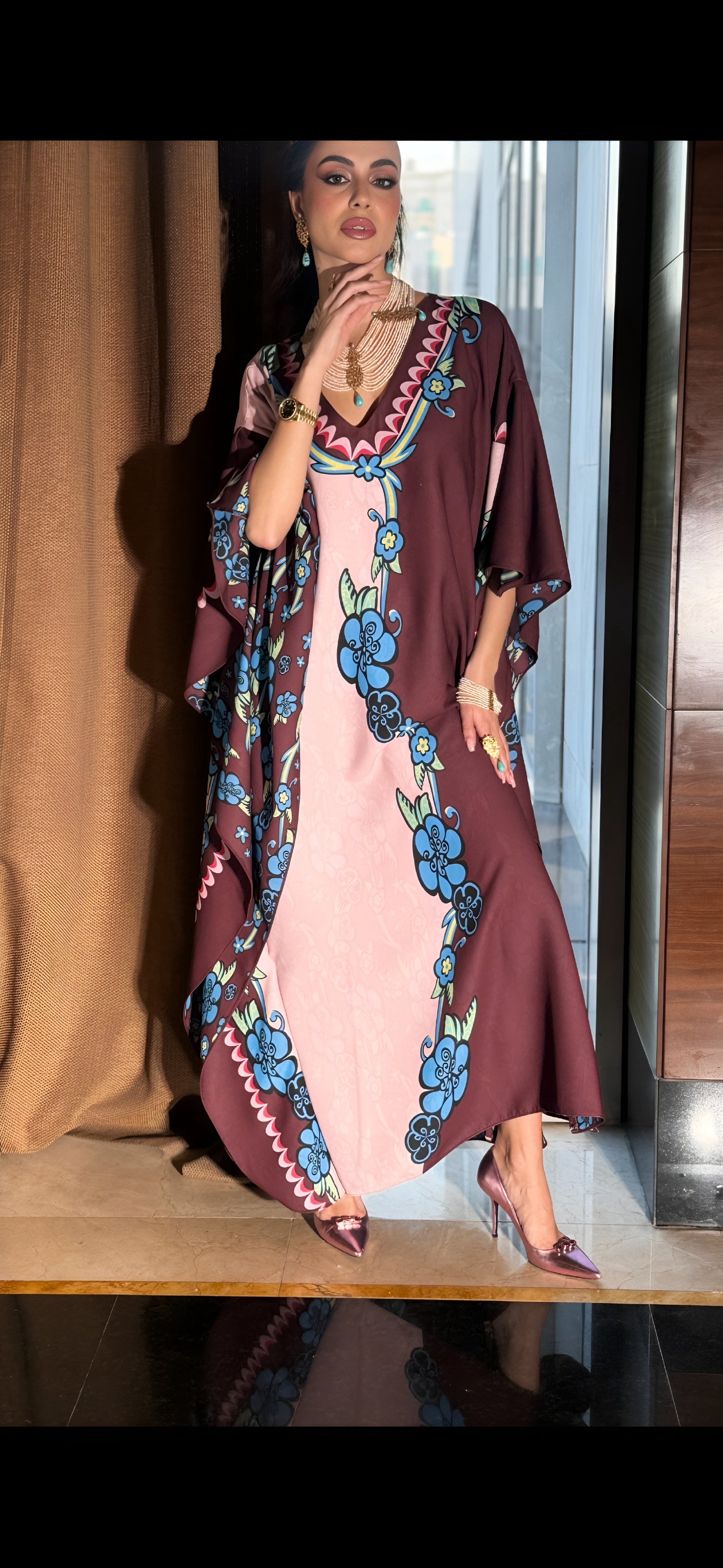 Chic Marina Crepe Kaftan with Floral Accents