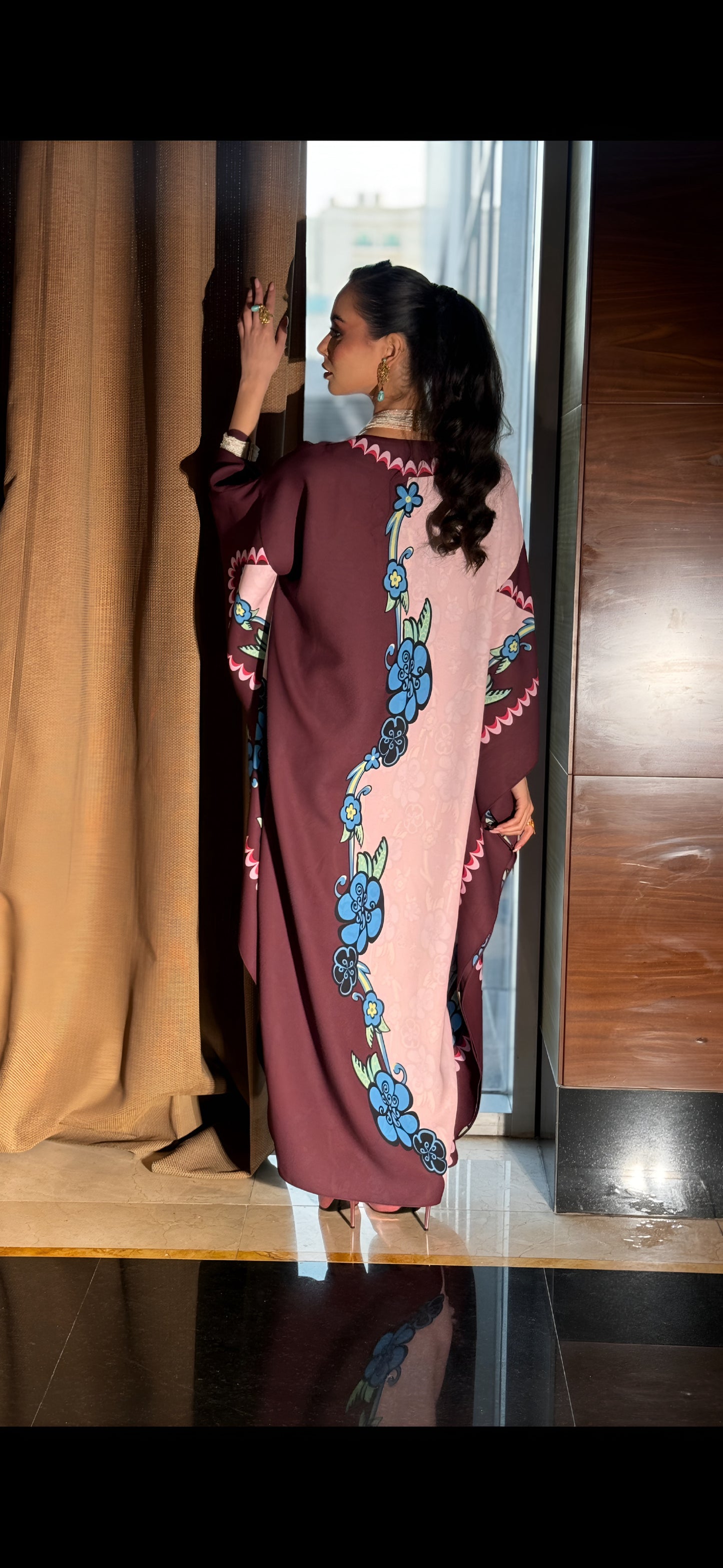 Chic Marina Crepe Kaftan with Floral Accents