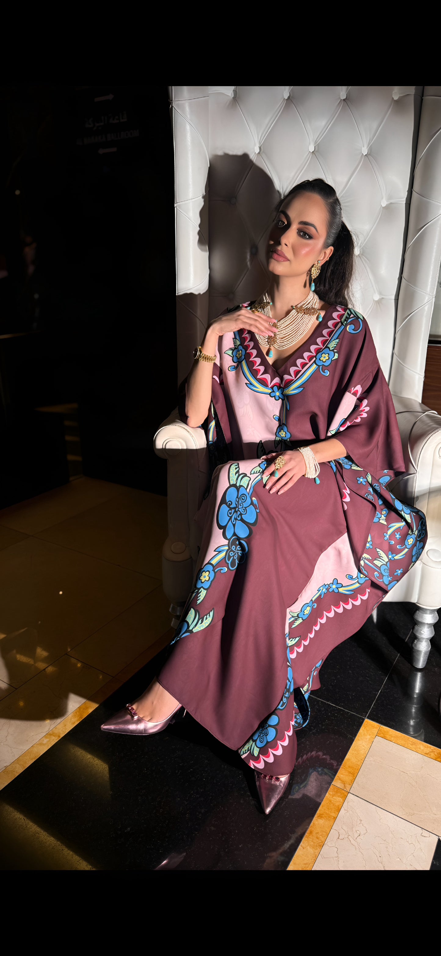 Chic Marina Crepe Kaftan with Floral Accents