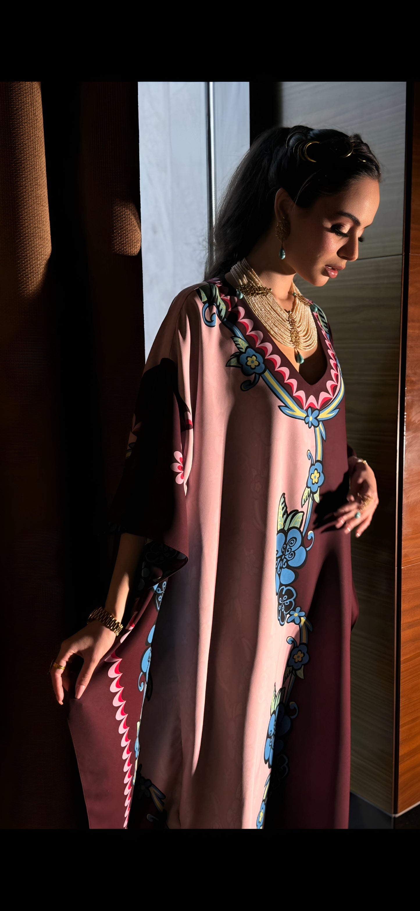 Chic Marina Crepe Kaftan with Floral Accents
