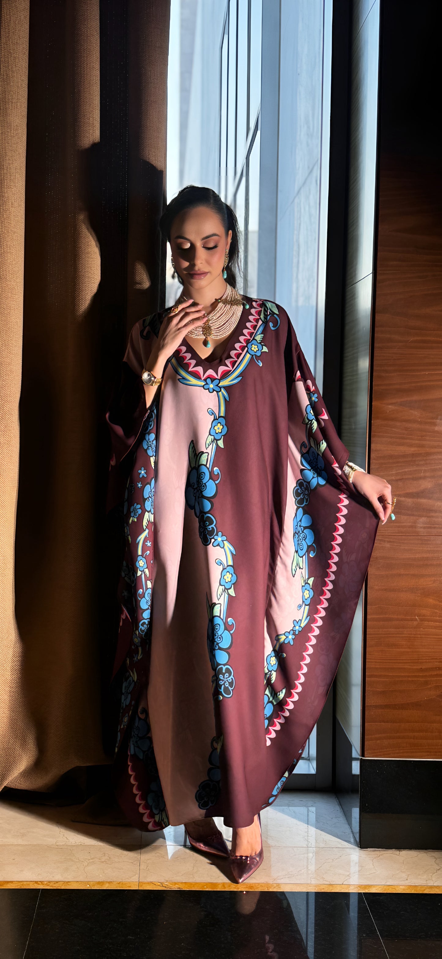 Chic Marina Crepe Kaftan with Floral Accents