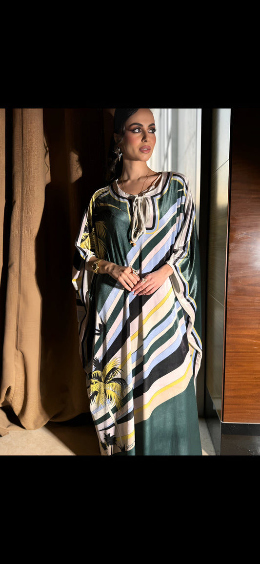 Luxurious Velvet Kaftan with Striped Design