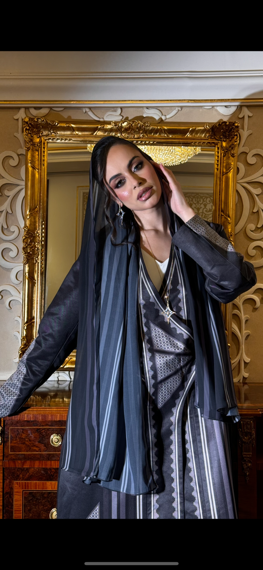 Chic Jacquard Silk Abaya with Modern Geometric Patterns