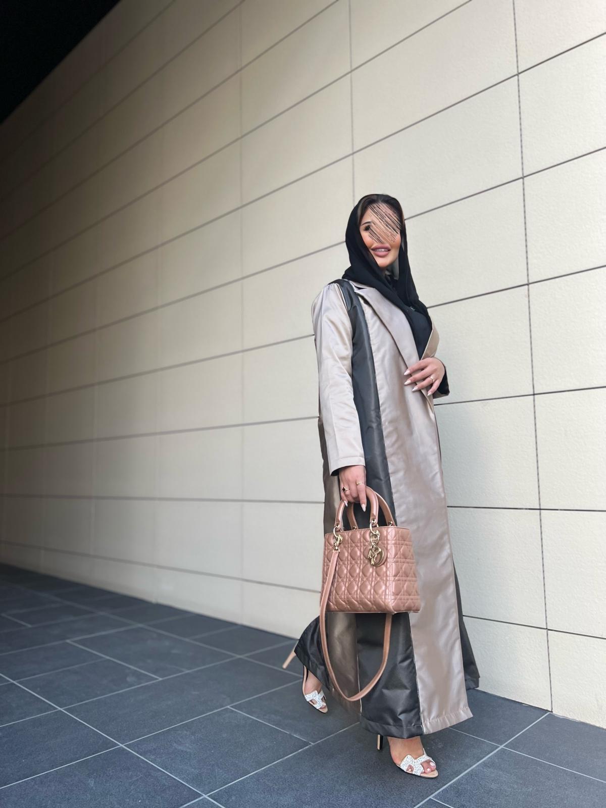 Beige and black shiny abaya