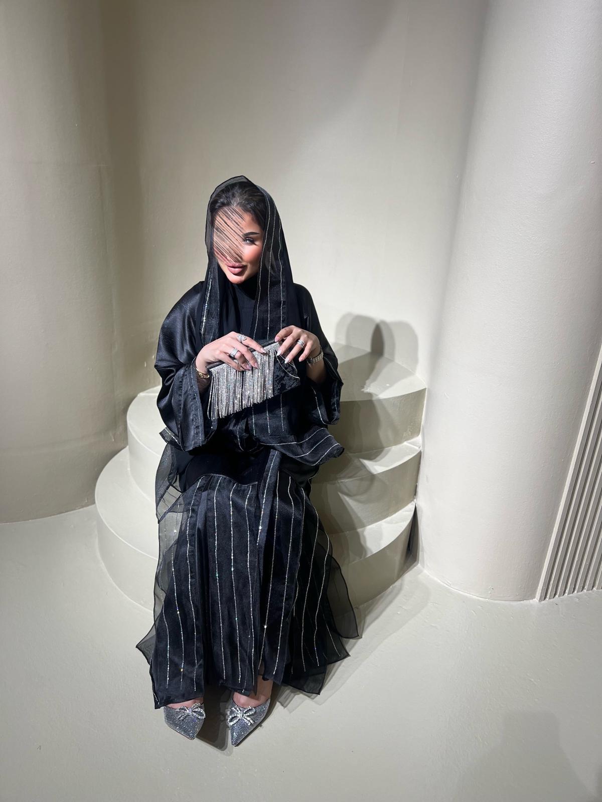 Abaya with sheen and striped chiffon