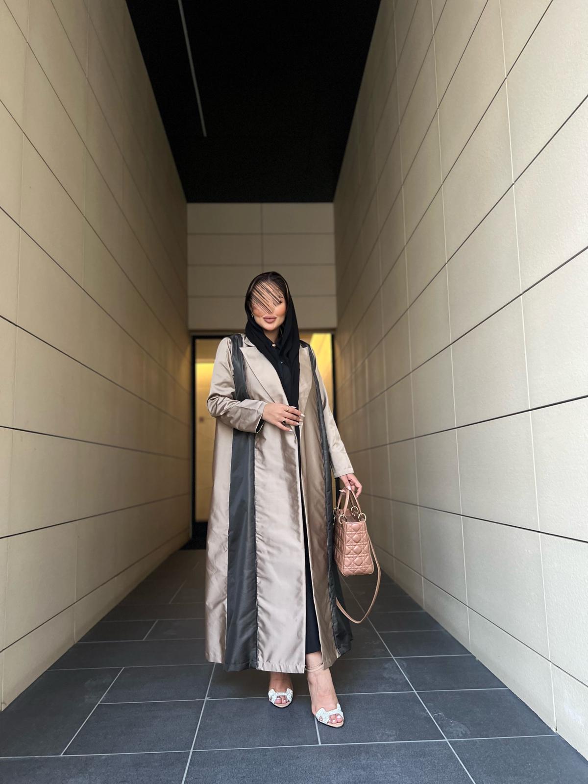 Beige and black shiny abaya