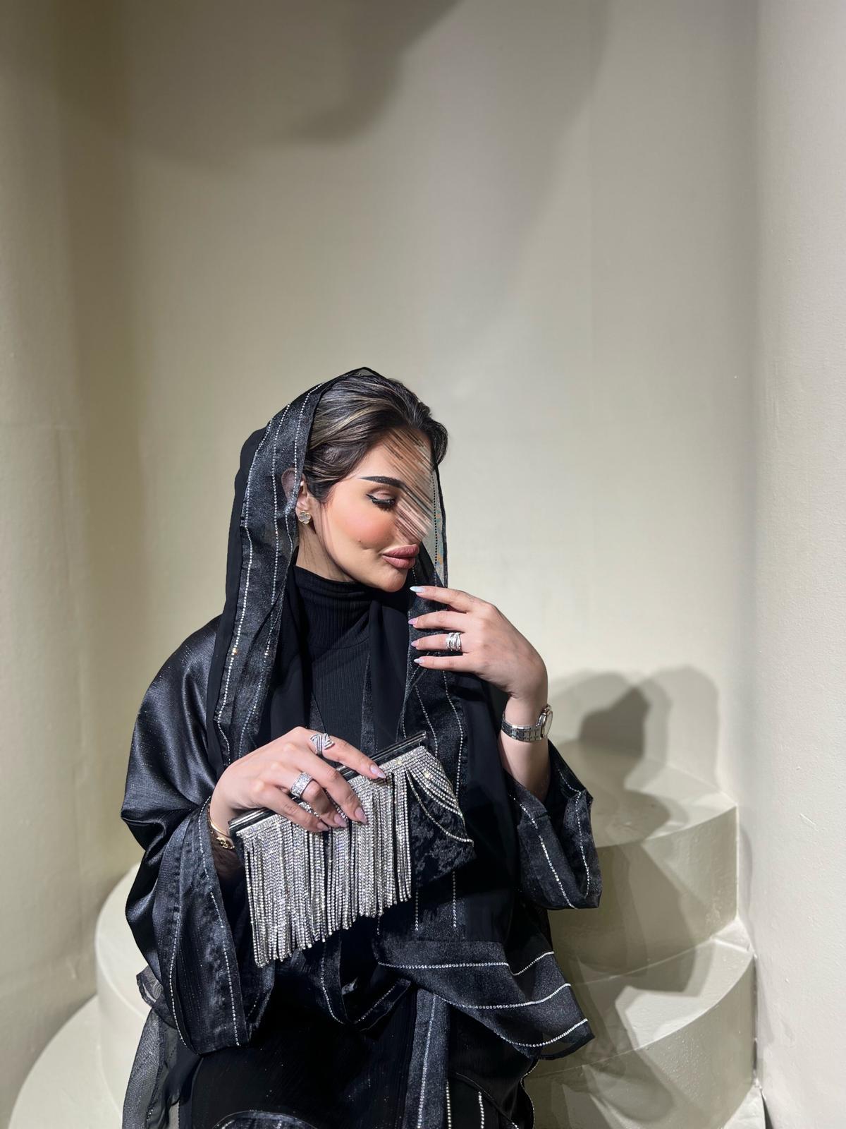 Abaya with sheen and striped chiffon